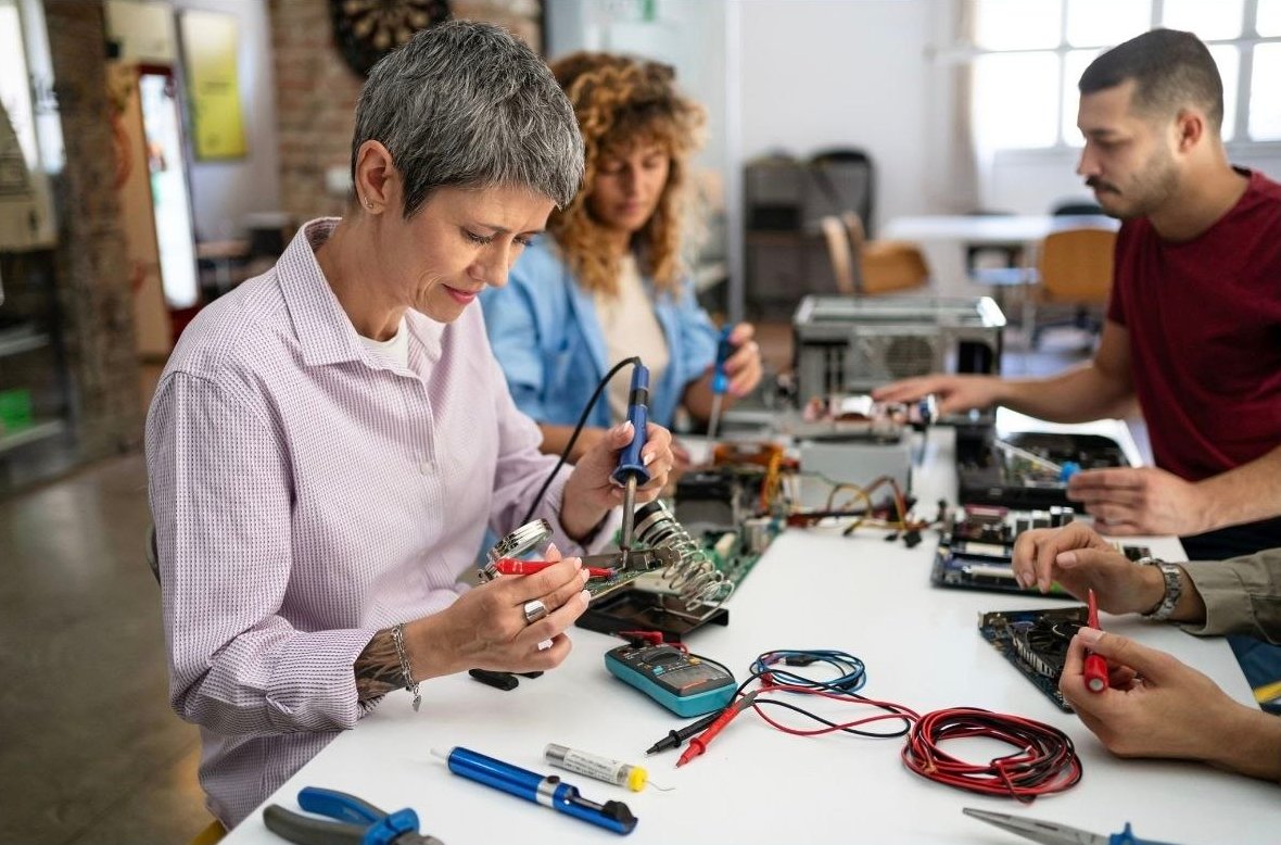 Working adults practising hands-on electronics skills together at a workbench
